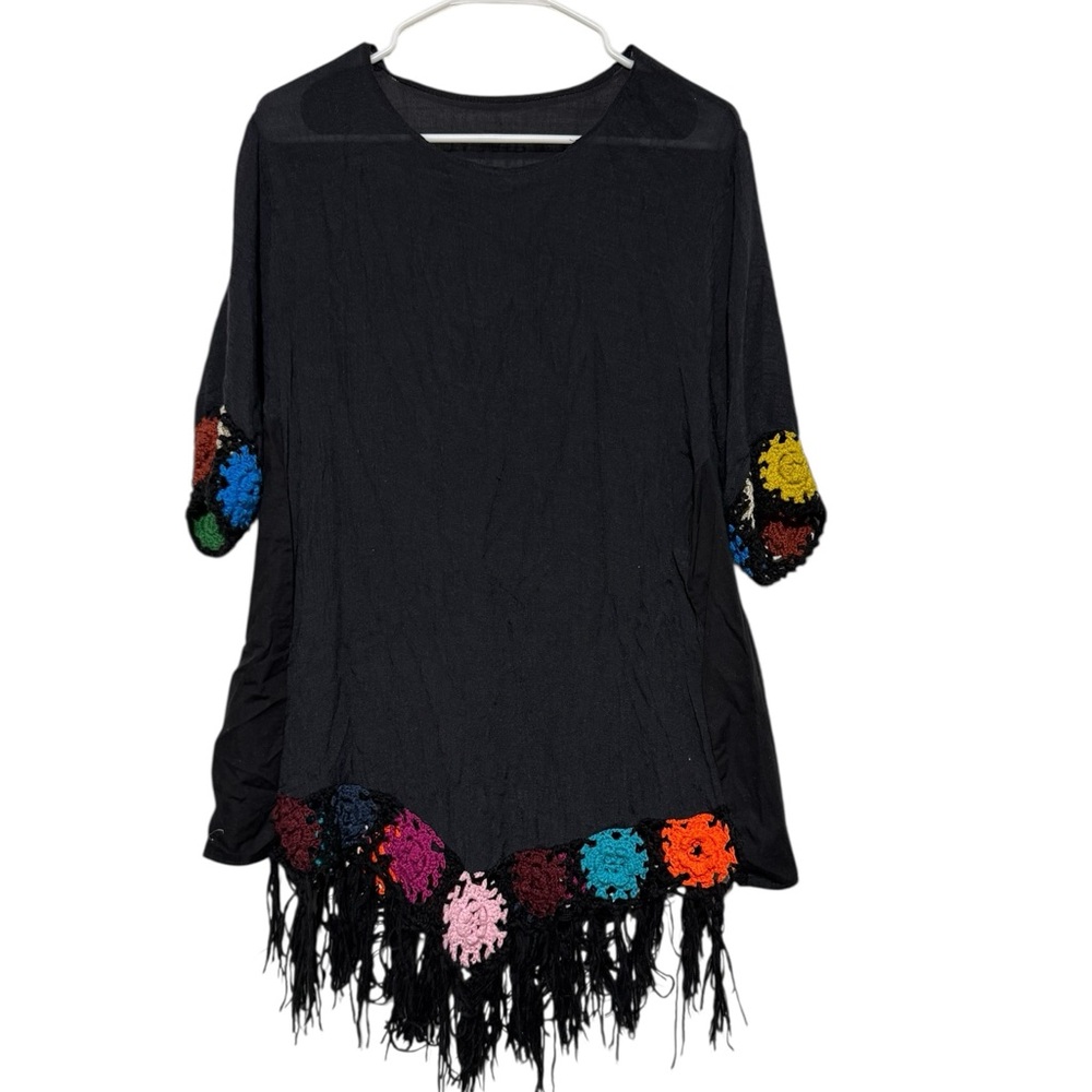 Granny‎ Square Crochet Black Tunic Top Women Size L Rainbow Fringe Boho Hippie